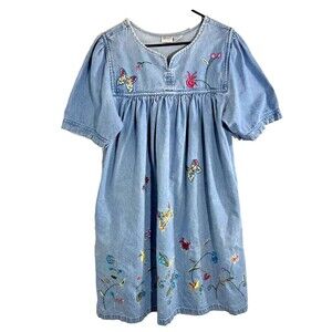 Vtg Gunit Fashions Women's Chambray Blue House Dress Embroidered Flowers Size L